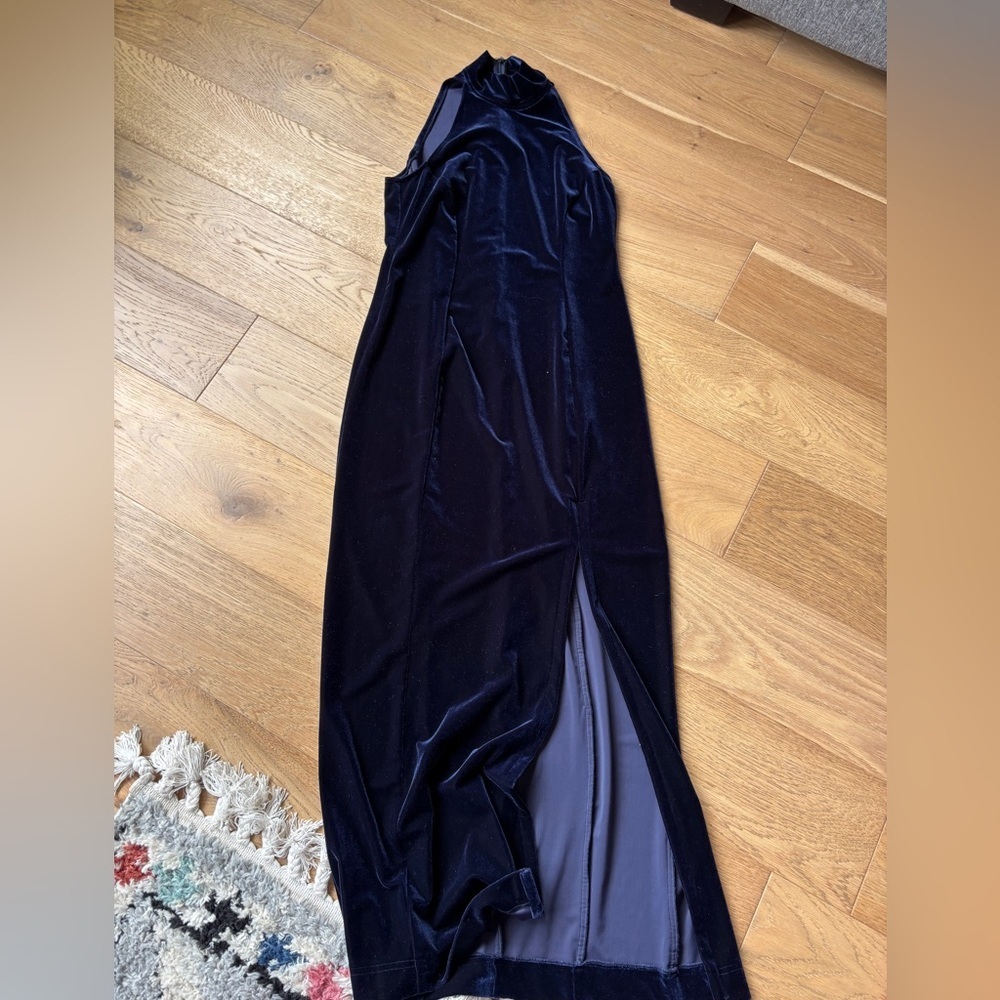 90’s vintage night way velvet dress dark blue formal high slit high neck